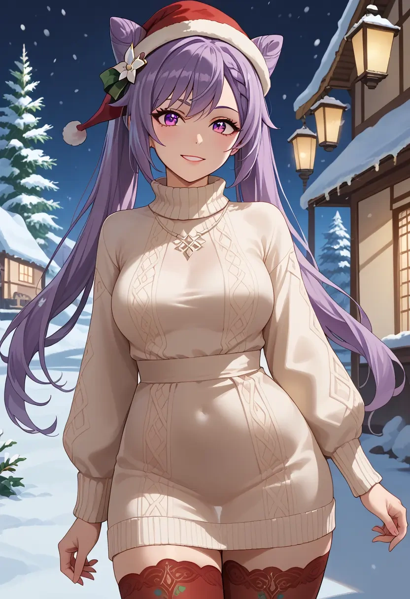 genshin impact,keqing_(genshin_impact),Christmas,sweater dress,stockings  - 