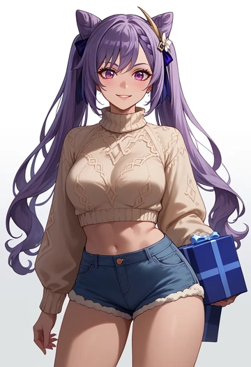 genshin impact,keqing_(genshin_impact),Christmas,red velvet shorts,turtleneck sweater  - AI generated anime art