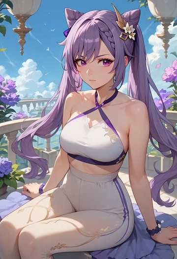 genshin impact,keqing_(genshin_impact),halter top,track pants  - AI generated anime art