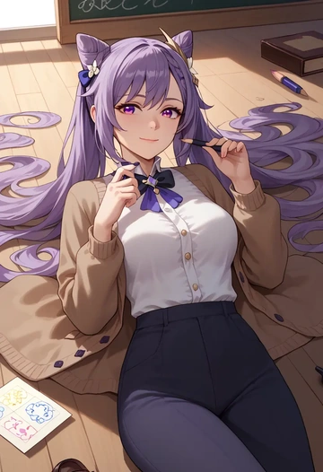 genshin impact,keqing_(genshin_impact),teacher, sweater  - AI generated anime art