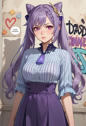 genshin impact,keqing_(genshin_impact),striped graffiti blouse,dolphin shorts  - AI generated anime art