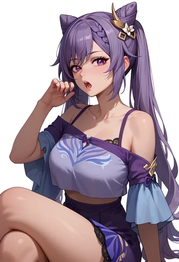 genshin impact,keqing_(genshin_impact),off-shoulder top,dolphin shorts  - AI generated anime art