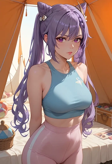 genshin impact,keqing_(genshin_impact),tankini top,board shorts  - AI generated anime art