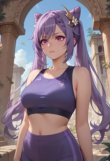 genshin impact,keqing_(genshin_impact),sports bra,wide-leg joggers  - AI generated anime art