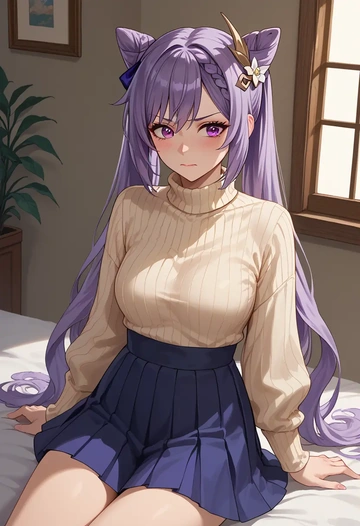 genshin impact,keqing_(genshin_impact),skirt,pleated,turtleneck sweater  - AI generated anime art