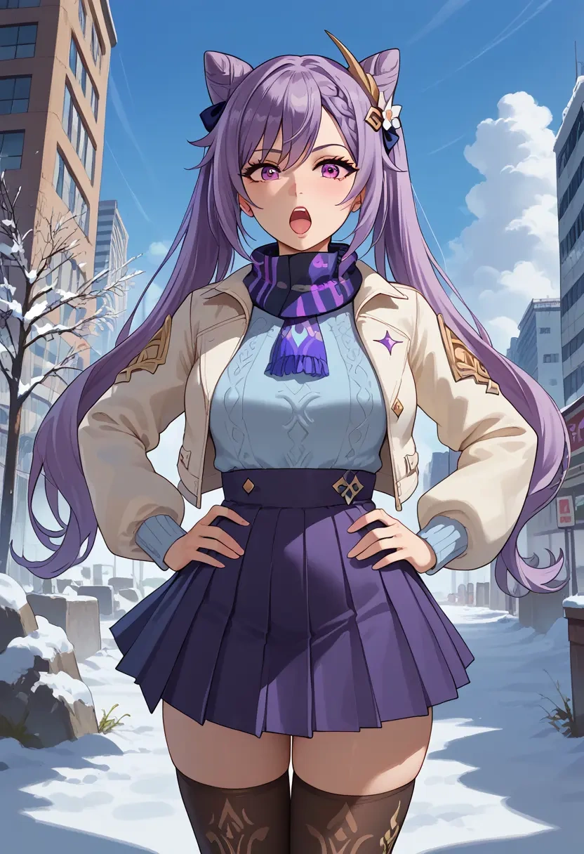 genshin impact,keqing_(genshin_impact),winter,student uniform,puffer jacket  - 