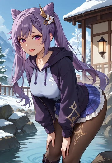 genshin impact,keqing_(genshin_impact),winter,student uniform,hooded coat  - AI generated anime art