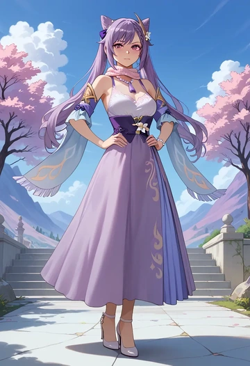 genshin impact,keqing_(genshin_impact),spring,elegant woman,wrap dress  - AI generated anime art