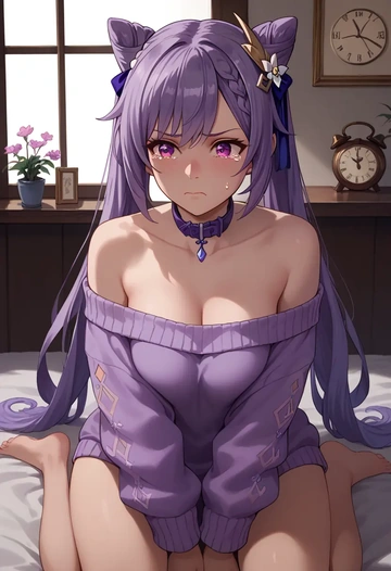 genshin impact,keqing_(genshin_impact),sweater,off-shoulder,collar  - AI generated anime art