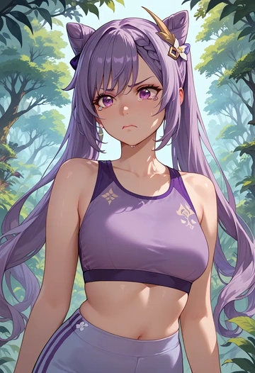 genshin impact,keqing_(genshin_impact),sports bra,wide-leg joggers  - AI generated anime art