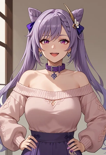 genshin impact,keqing_(genshin_impact),sweater,off-shoulder,collar  - AI generated anime art