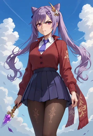 genshin impact,keqing_(genshin_impact),winter,student uniform,cardigan  - AI generated anime art