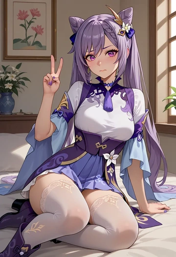 genshin impact,keqing_(genshin_impact),shirt dress,belted,stockings  - AI generated anime art