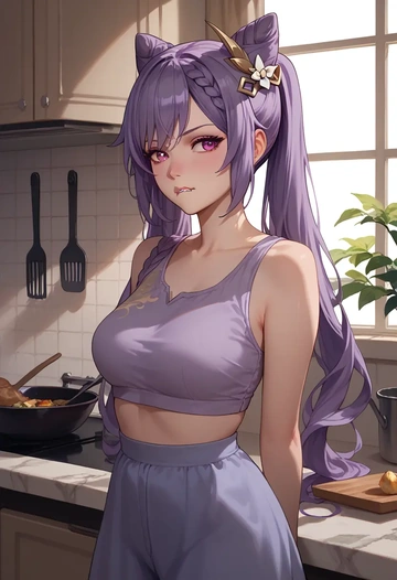 genshin impact,keqing_(genshin_impact),crop top,loose joggers,headset  - AI generated anime art