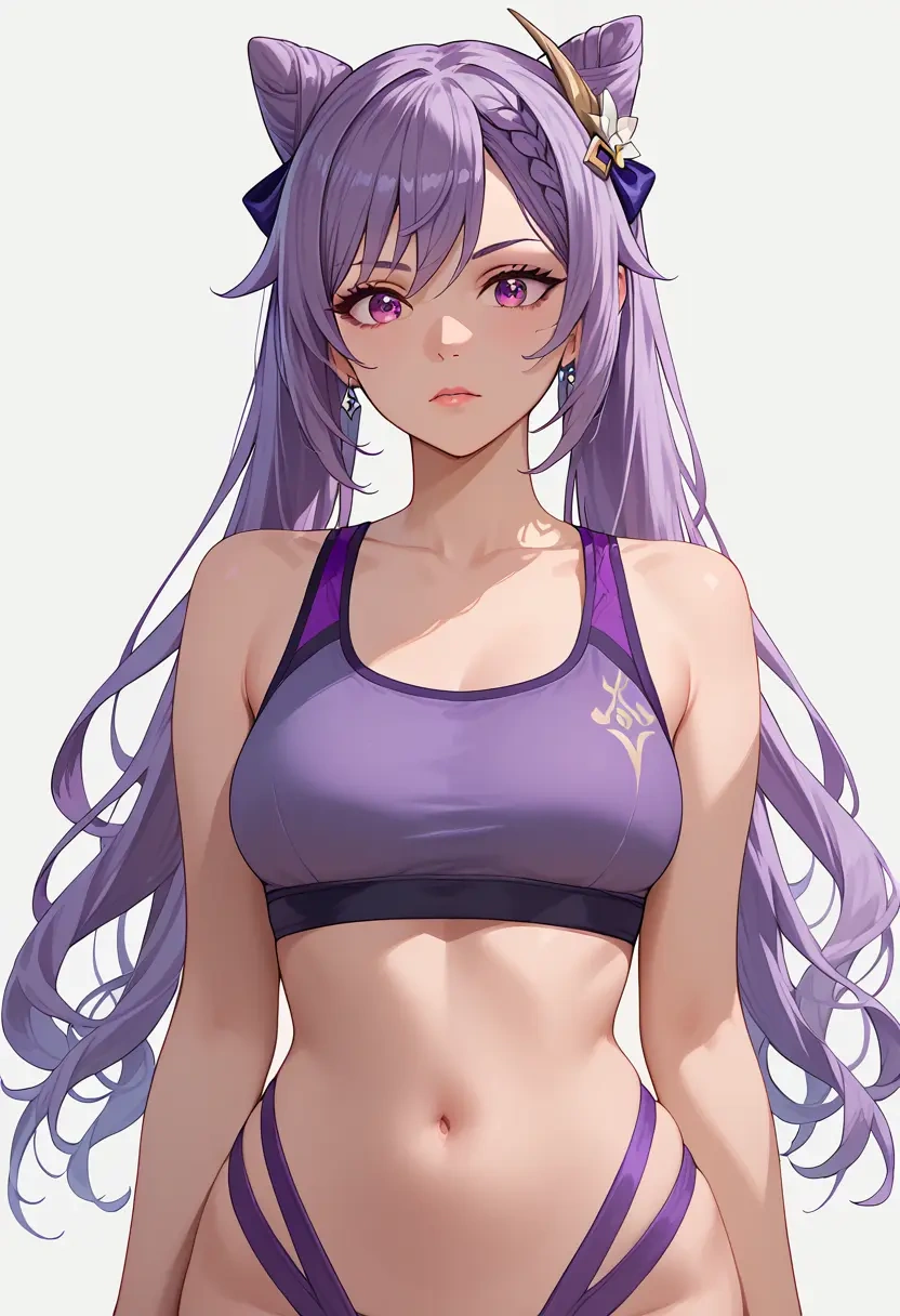 genshin impact,keqing_(genshin_impact),sports bra,wide-leg joggers  - 