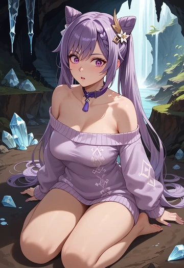 genshin impact,keqing_(genshin_impact),sweater,off-shoulder,collar  - AI generated anime art