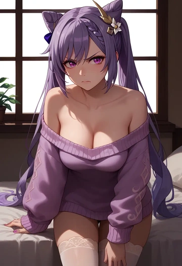 genshin impact,keqing_(genshin_impact),off-shoulder,sweater  - AI generated anime art