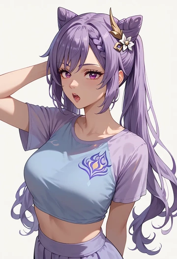 genshin impact,keqing_(genshin_impact),crop top,athletic shorts  - AI generated anime art