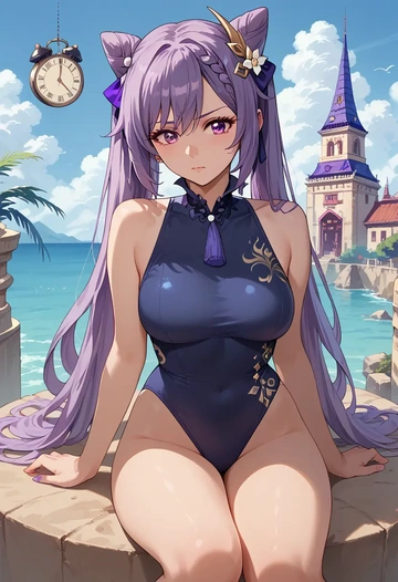 genshin impact,keqing_(genshin_impact),retro style swimsuit,frilled neckline,bow detail  - AI generated anime art