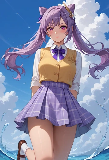 genshin impact,keqing_(genshin_impact),spring,student uniform,vest  - AI generated anime art