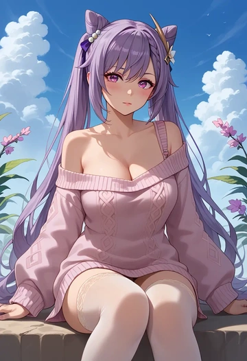 genshin impact,keqing_(genshin_impact),off-shoulder,sweater  - AI generated anime art