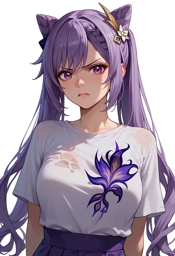 genshin impact,keqing_(genshin_impact),handwritten script shirt,dolphin shorts  - AI generated anime art