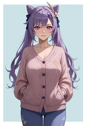 genshin impact,keqing_(genshin_impact),cardigan,oversized,wide-leg pants  - AI generated anime art