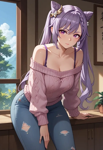 genshin impact,keqing_(genshin_impact),sweater,off-shoulder,ripped jeans  - AI generated anime art