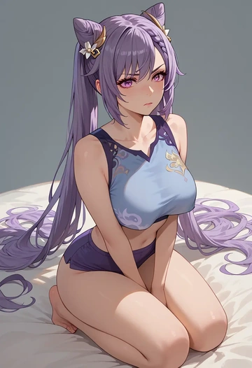 genshin impact,keqing_(genshin_impact),crop top,athletic shorts  - AI generated anime art