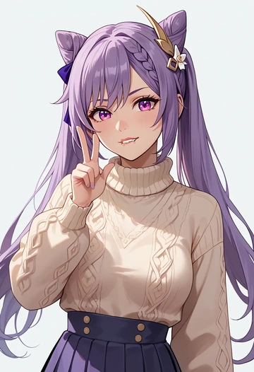 genshin impact,keqing_(genshin_impact),sweater,cropped,pleated midi skirt  - AI generated anime art