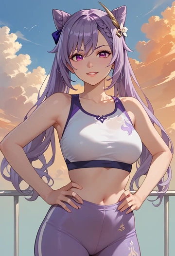 genshin impact,keqing_(genshin_impact),tankini top,board shorts  - AI generated anime art