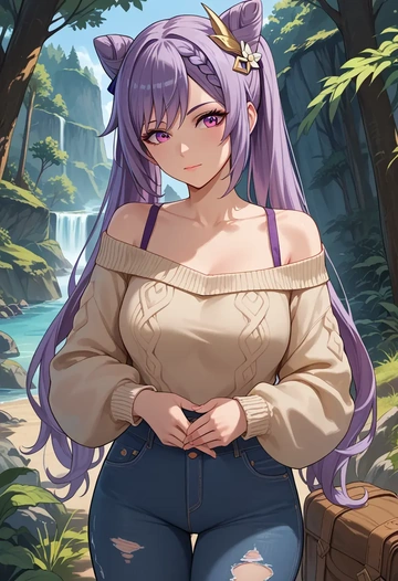 genshin impact,keqing_(genshin_impact),sweater,off-shoulder,ripped jeans  - AI generated anime art