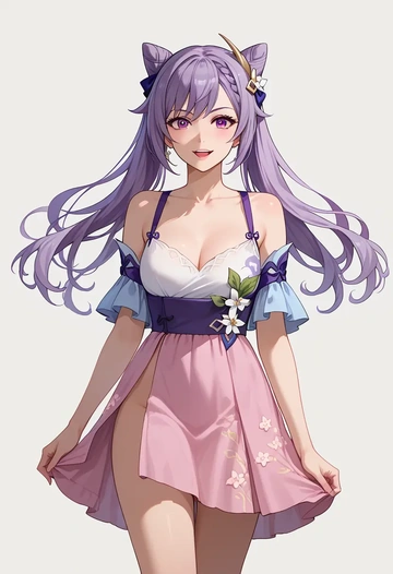 genshin impact,keqing_(genshin_impact),silk slip dress,floral prints  - AI generated anime art