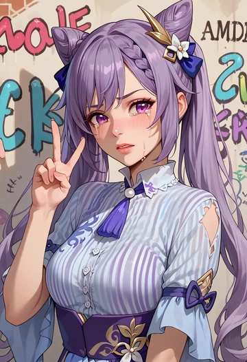 genshin impact,keqing_(genshin_impact),striped graffiti blouse,dolphin shorts  - AI generated anime art