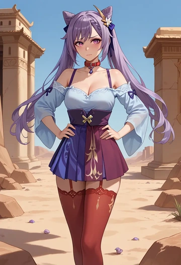 genshin impact,keqing_(genshin_impact),collar,oversized,Thigh garters  - AI generated anime art