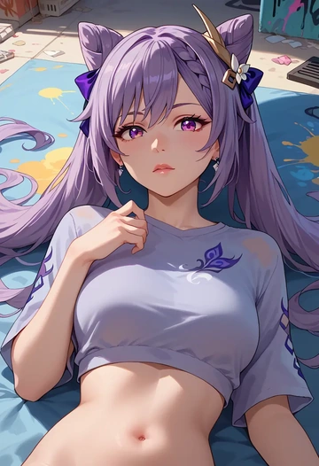 genshin impact,keqing_(genshin_impact),cropped graffiti sweatshirt,dolphin shorts  - AI generated anime art