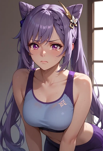 genshin impact,keqing_(genshin_impact),sports bra,wide-leg joggers  - AI generated anime art