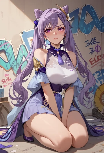 genshin impact,keqing_(genshin_impact),patchwork graffiti top,dolphin shorts  - AI generated anime art