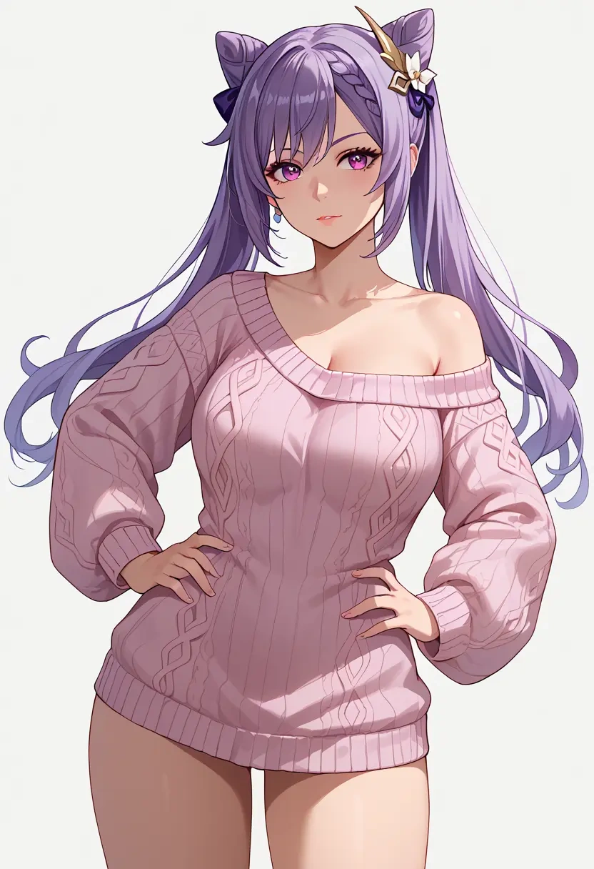 genshin impact,keqing_(genshin_impact),Hands on hips,off-shoulder,sweater  - 