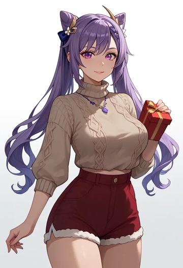 genshin impact,keqing_(genshin_impact),Christmas,red velvet shorts,turtleneck sweater  - AI generated anime art