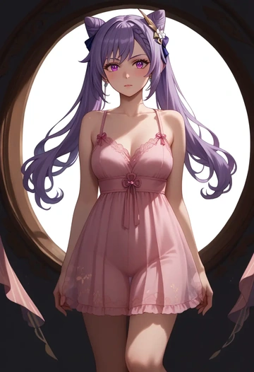 genshin impact,keqing_(genshin_impact),A-line skirt,pink silk chemise  - AI generated anime art