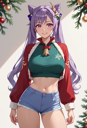 genshin impact,keqing_(genshin_impact),Christmas,red velvet shorts  - AI generated anime art