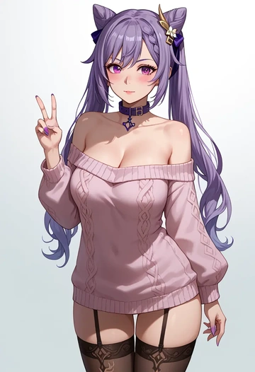 genshin impact,keqing_(genshin_impact),blushing,collar,off-shoulder,sweater,stockings  - AI generated anime art