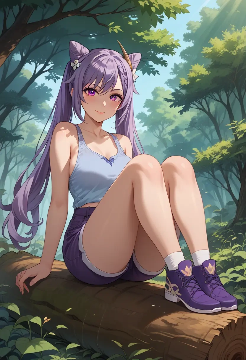 genshin impact,keqing_(genshin_impact),sitting,forest  - 