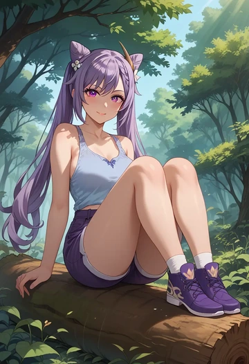 genshin impact,keqing_(genshin_impact),sitting,forest  - AI generated anime art