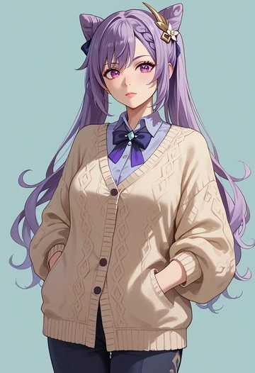 genshin impact,keqing_(genshin_impact),cardigan,oversized,wide-leg pants  - AI generated anime art