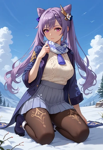 genshin impact,keqing_(genshin_impact),winter,student uniform,puffer coat  - AI generated anime art