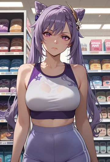 genshin impact,keqing_(genshin_impact),tankini top,board shorts  - AI generated anime art