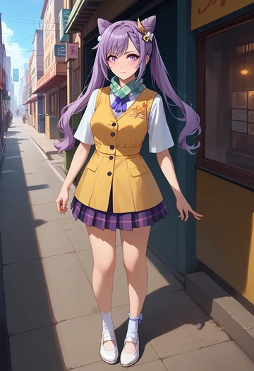 genshin impact,keqing_(genshin_impact),spring,student uniform,vest  - AI generated anime art