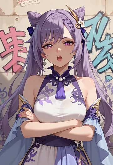 genshin impact,keqing_(genshin_impact),floral graffiti blouse,dolphin shorts  - AI generated anime art